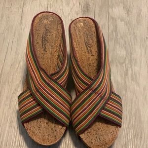 Lucky Brand multi-color slip on cork screw wedges.